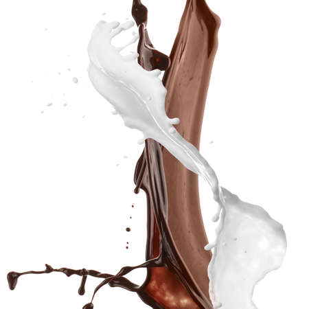 Splashes of hot chocolate and milk isolated on whiteの写真素材