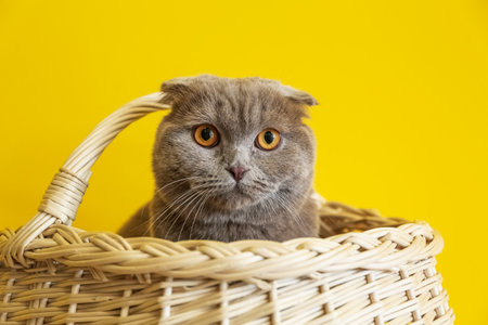 Cute gray cat in basket on color backgroundの写真素材