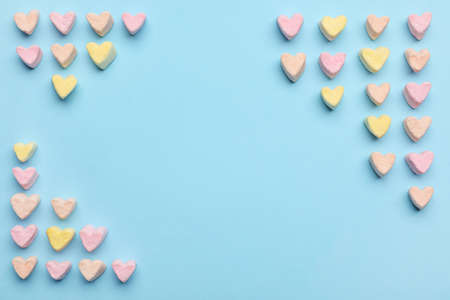 Tasty colorful marshmallows on color backgroundの写真素材