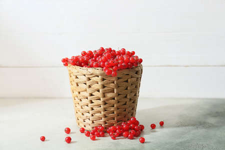 Basket with fresh red currants on light background