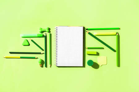 Stationery supplies on color background