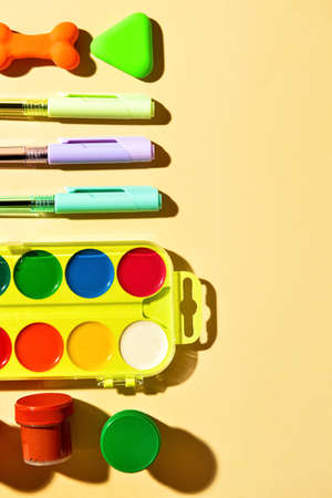 Stationery supplies on color backgroundの写真素材