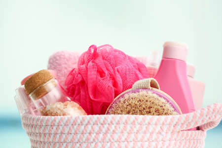 Wicker basket with bath supplies, closeupの写真素材