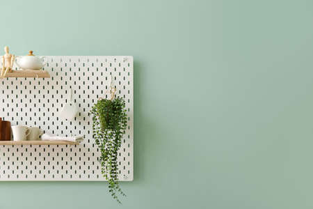 Peg board with dishes, wooden mannequin and houseplant hanging on green wallの写真素材