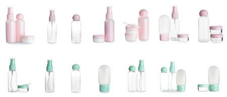 Set of cosmetic bottles and jars isolated on whiteの写真素材