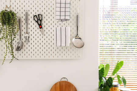 Pegboard with modern kitchen utensils on white wall near windowの写真素材