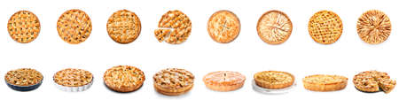 Set of tasty apple pies isolated on white
