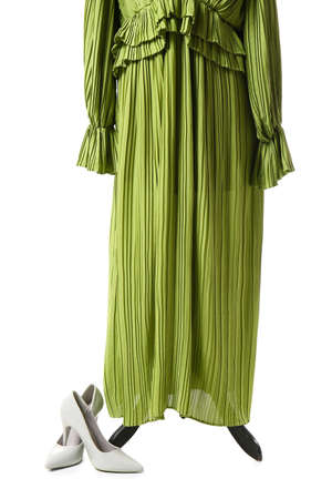 Mannequin with stylish dress and shoes on white backgroundの写真素材