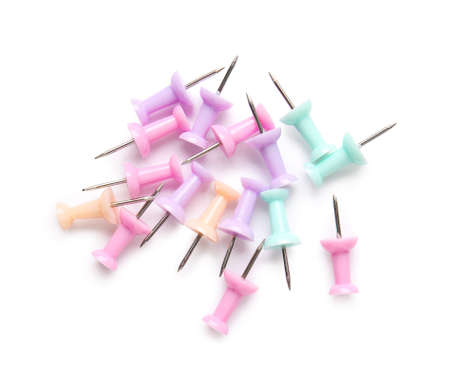 Colorful paper pins on white backgroundの写真素材