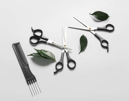 Scissors, comb and leaves on white background