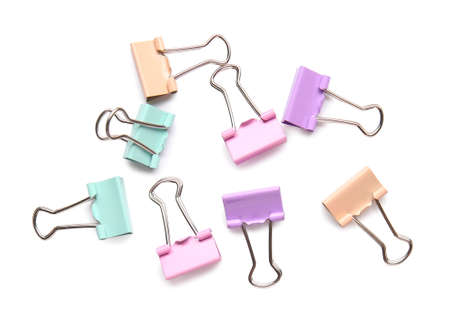 Colorful paper clips on white background