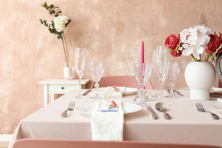 Beautiful table setting for wedding celebration in restaurant