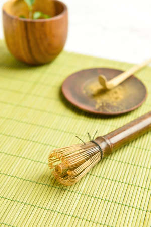 Chasen on bamboo mat, closeupの写真素材