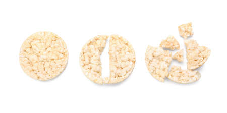Broken rice crackers on white backgroundの写真素材