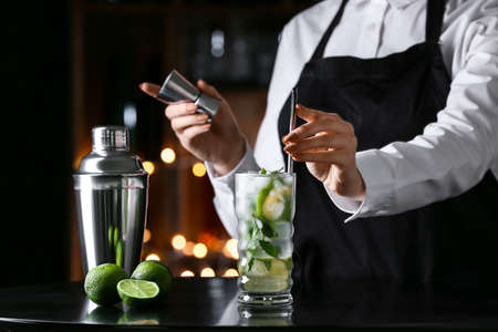 Female bartender making tasty mojito on table in barの写真素材