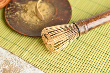 Chasen on bamboo mat, closeupの写真素材