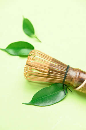 Bamboo chasen and green leaves on color background, closeup