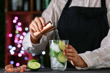Female bartender making fresh mojito on table in barの写真素材
