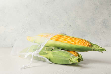 Grocery bag with fresh corn cobs on light background