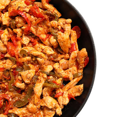 Frying pan with tasty Fajita on white background, closeupの写真素材
