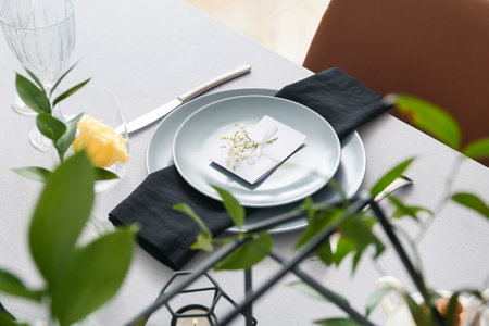 Beautiful table setting for wedding celebration in restaurant