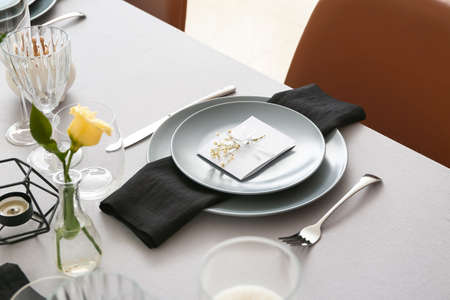 Beautiful table setting for wedding celebration in restaurant