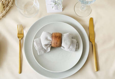 Beautiful table setting for wedding celebration in restaurant