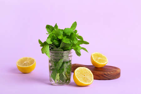 Glass jar with bunch of mint and cut lemon on lilac backgroundの写真素材