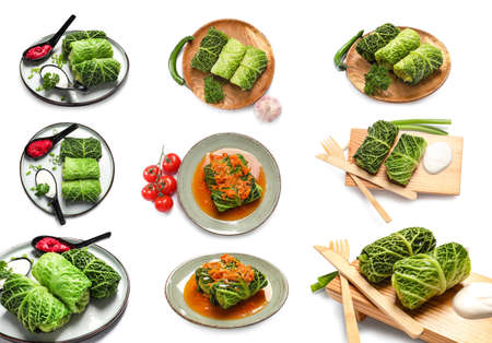 Set of tasty stuffed cabbage rolls on white backgroundの写真素材