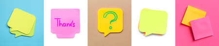 Different sticky notes on colorful background, top view