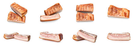 Set of tasty smoked bacon on white backgroundの写真素材