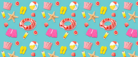 Different beach accessories on blue background. pattern for designの写真素材