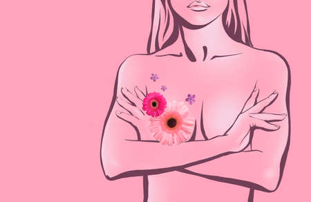 Collage with drawn naked woman and flowers on pink background. breast cancer awareness conceptの写真素材