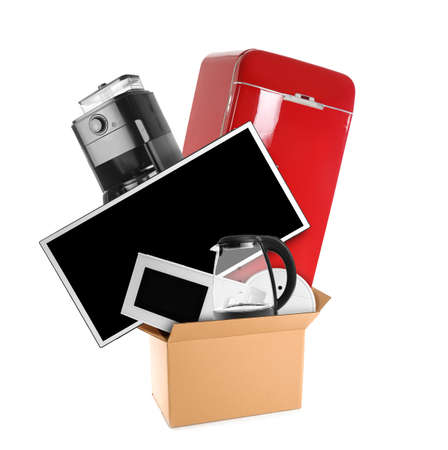Cardboard box with many household appliances on white backgroundの写真素材