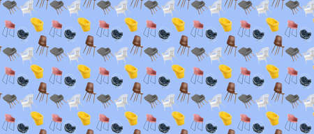 Many modern chairs and armchairs on blue background. pattern for designの写真素材