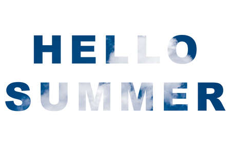 Text HELLO SUMMER filled with texture of cloudy sky on white backgroundの写真素材