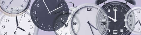 collage with many different clocks. Banner design