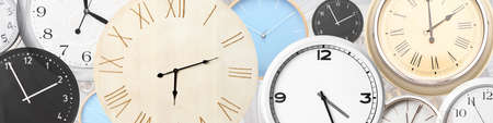 collage with many different clocks. Banner design