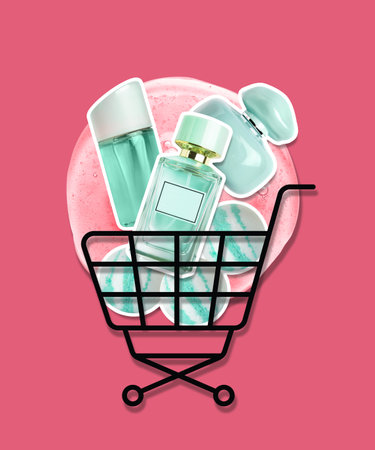 Collage with shopping cart and cosmetic products on pink backgroundの写真素材