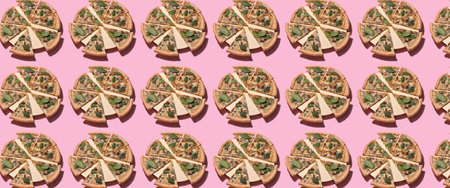 Many sliced pizzas on pink background. pattern for designの写真素材