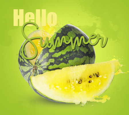 Ripe yellow watermelon and text HELLO SUMMER on green backgroundの写真素材