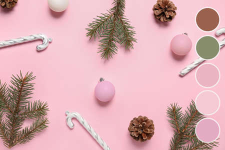 Composition with beautiful Christmas decorations on pink background. Different color patternsの写真素材