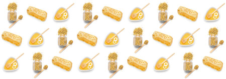 Bowls of sweet honey with combs and jars with bee pollen on white backgroundの写真素材