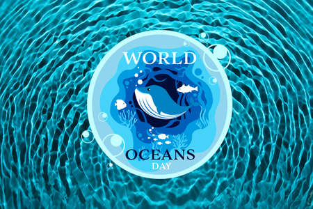 Card for World Ocean Day with drawn whale and fishesの写真素材