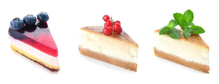 Pieces of delicious cheesecakes on white background