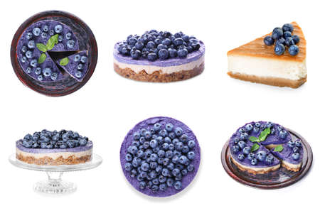 Set of delicious blueberry cheesecake on white backgroundの写真素材