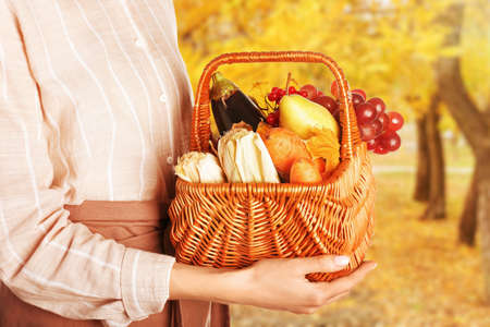 Female farmer holding basket with gathered harvest in autumn gardenの写真素材