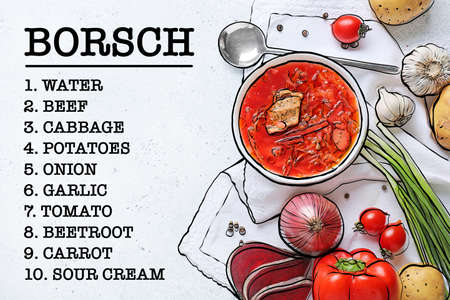 Bowl of tasty borscht and ingredients on light backgroundの写真素材