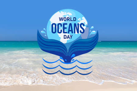 Card for World Ocean Day with sea beachの写真素材