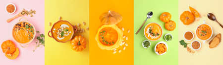 Set of tasty pumpkin cream soup on color background, top viewの写真素材